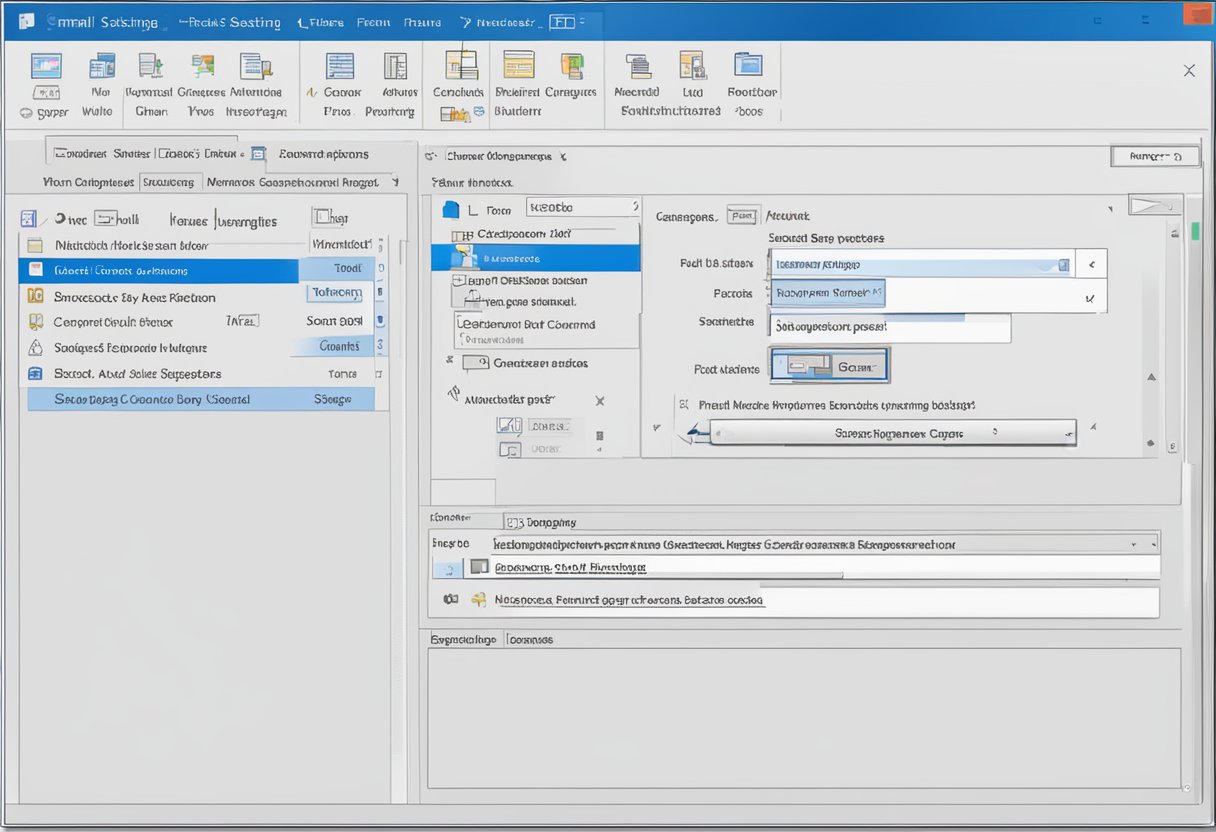 A computer screen showing the "Settings" menu in Outlook, with a highlighted option for "Email Signature." A separate window displays the process for backing up signatures