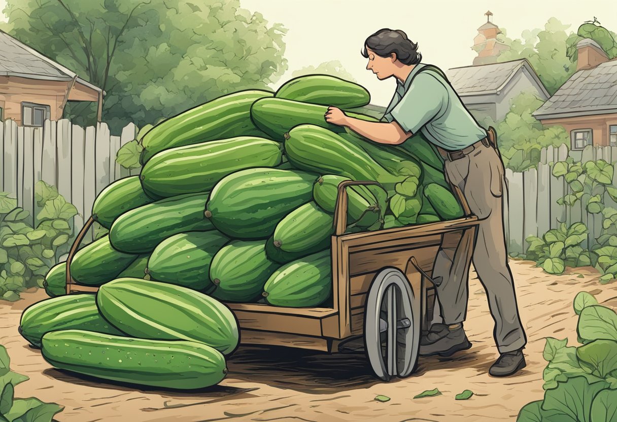 Giant cucumbers piled in a garden cart, spilling onto the ground. A gardener scratching their head, pondering what to do