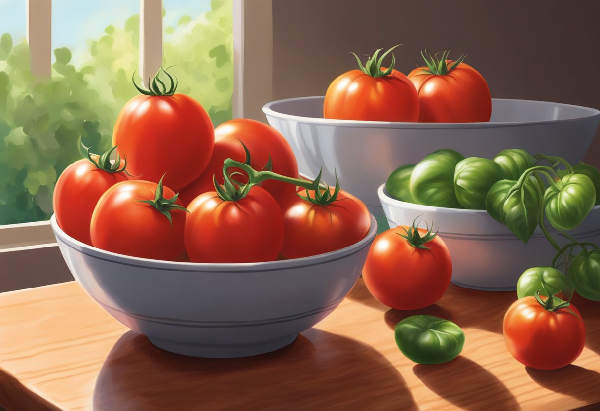 A bowl of ripe roma tomatoes sits on a wooden cutting board, their vibrant red skin glistening in the sunlight. The tomatoes are plump and oblong, with a few green stems still attached