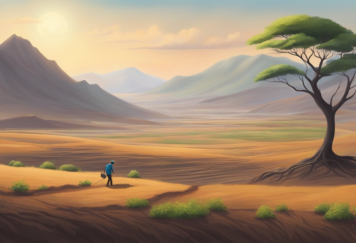 A vast, barren landscape transformed by a lone figure planting trees. The once desolate land now teems with life and greenery, symbolizing the power of perseverance and the ability to create change