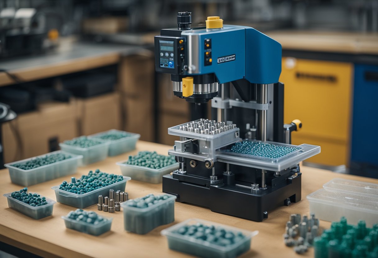 A small plastic injection molding machine sits on a workbench, surrounded by various molds and plastic pellets. The machine's components are visible, and it is in the process of injecting molten plastic into a mold