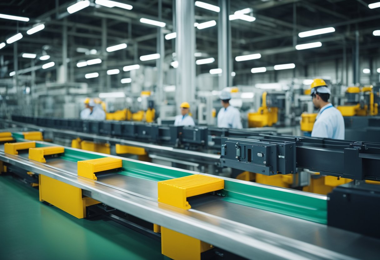 Machines hum as plastic molds are created in a large factory setting. Conveyor belts transport materials while workers monitor the process