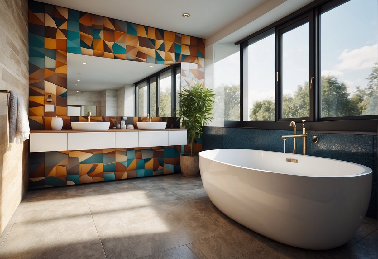 A modern bathroom with colorful geometric wallpaper, sleek fixtures, and a freestanding bathtub. Natural light pours in from a large window, illuminating the stylish space