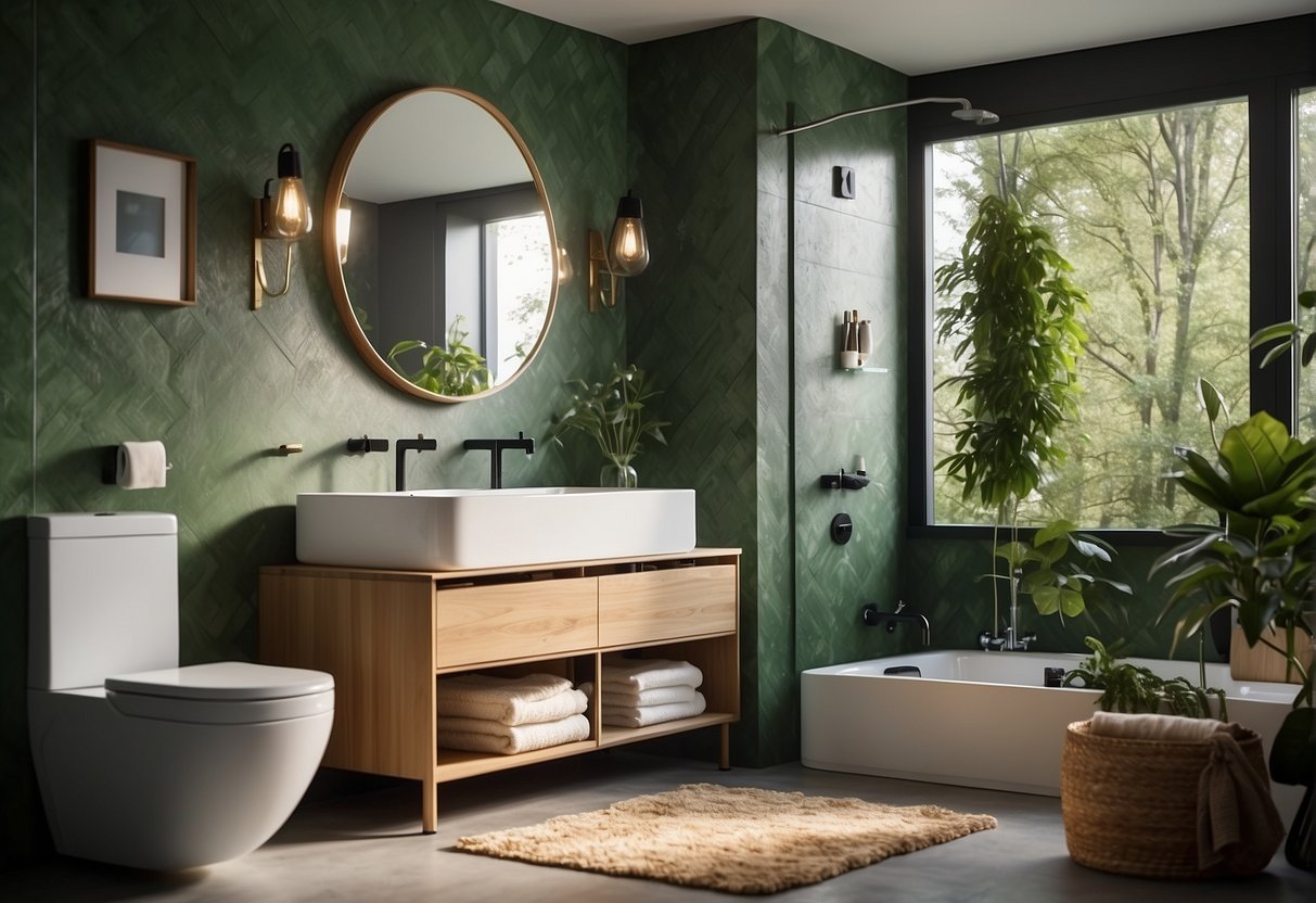 A modern bathroom with eco-friendly wallpaper, featuring nature-inspired designs and sustainable materials