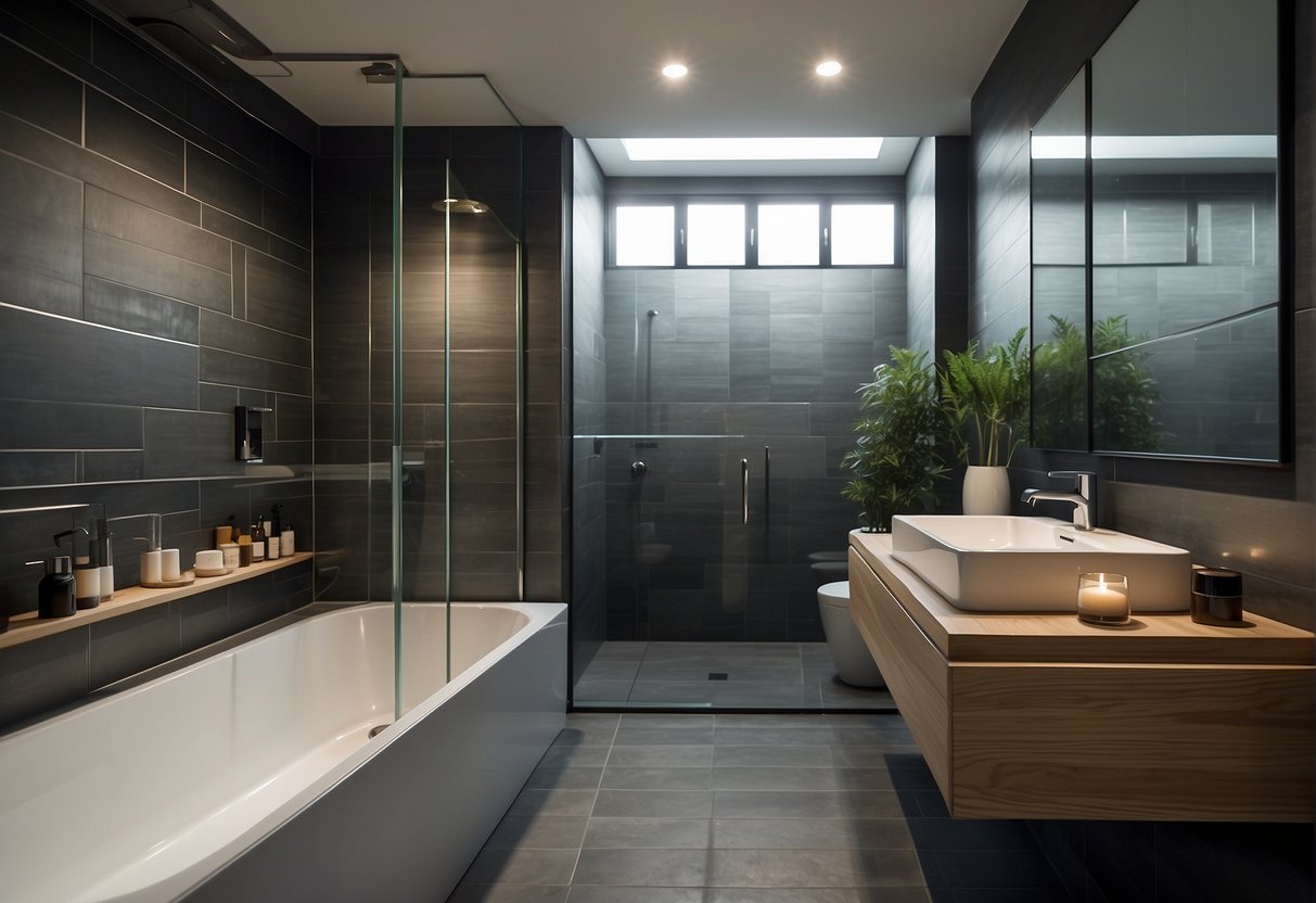 A sleek, modern bathroom with stylish wallpaper, clean lines, and durable fixtures