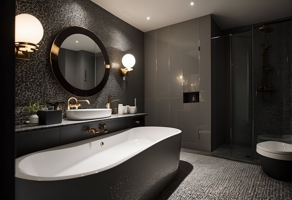 A bathroom with bold patterned wallpaper, casting dramatic shadows and creating a sense of depth and warmth. Light reflects off the glossy surface, enhancing the ambiance