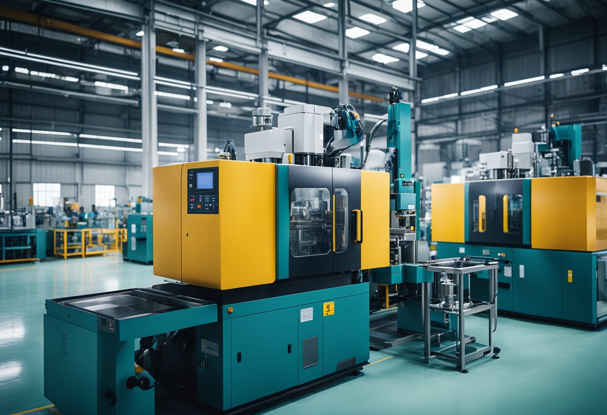 A factory floor with workers operating injection molding machines in China