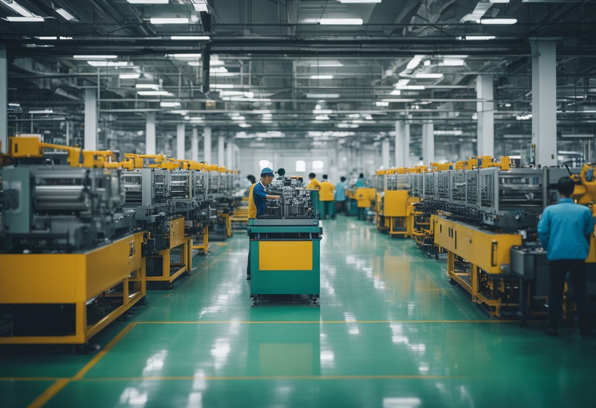 Machines and molds buzzing in a large Chinese factory, with workers overseeing the production of various plastic products