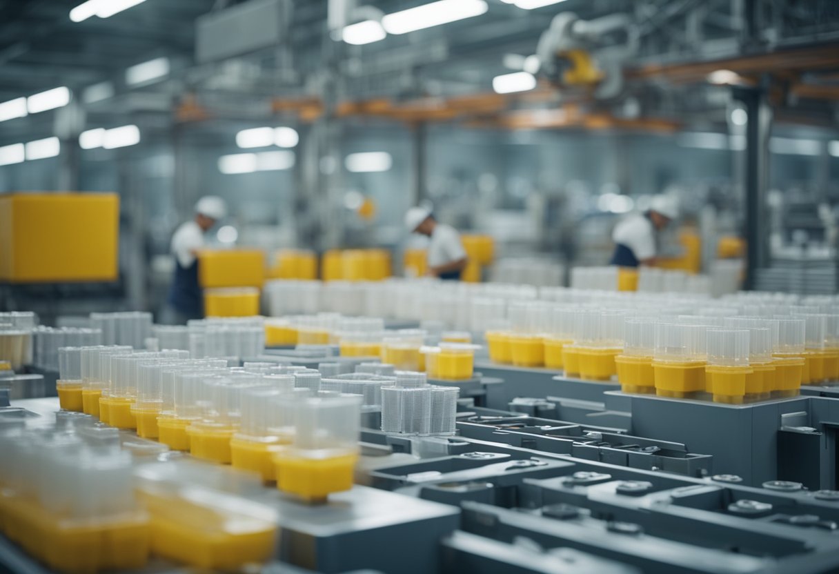 A factory floor with rows of injection molding machines in operation, workers overseeing production, and stacks of finished molds ready for shipment