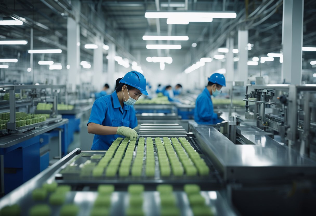 A bustling factory floor in China, with workers operating machinery to manufacture injection molds. Rows of molds being inspected and packaged for shipment