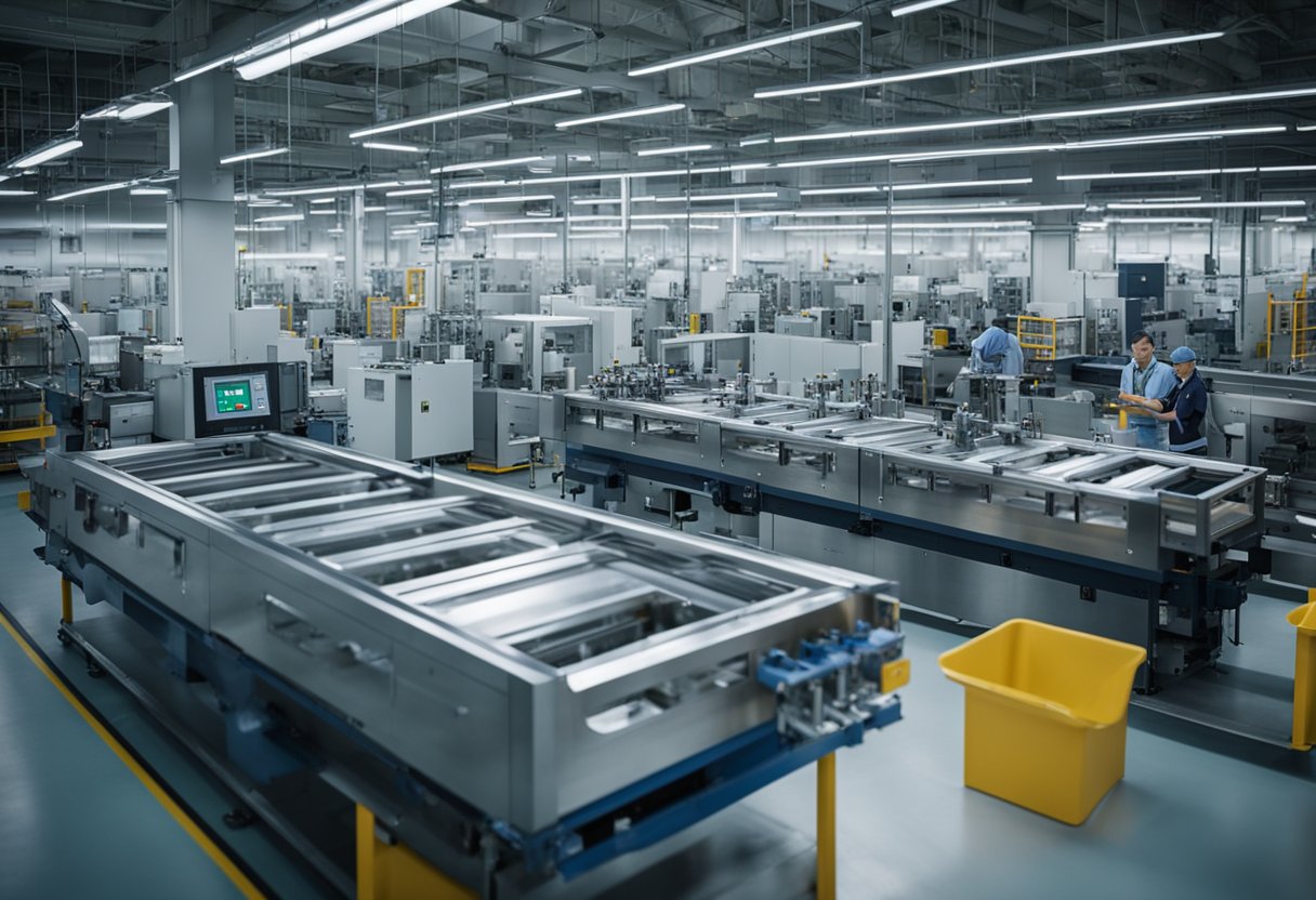 The factory floor buzzes with activity as machines hum and workers assemble injection molds. Raw materials are fed into the machines, and finished molds are carefully inspected before being packaged for shipment