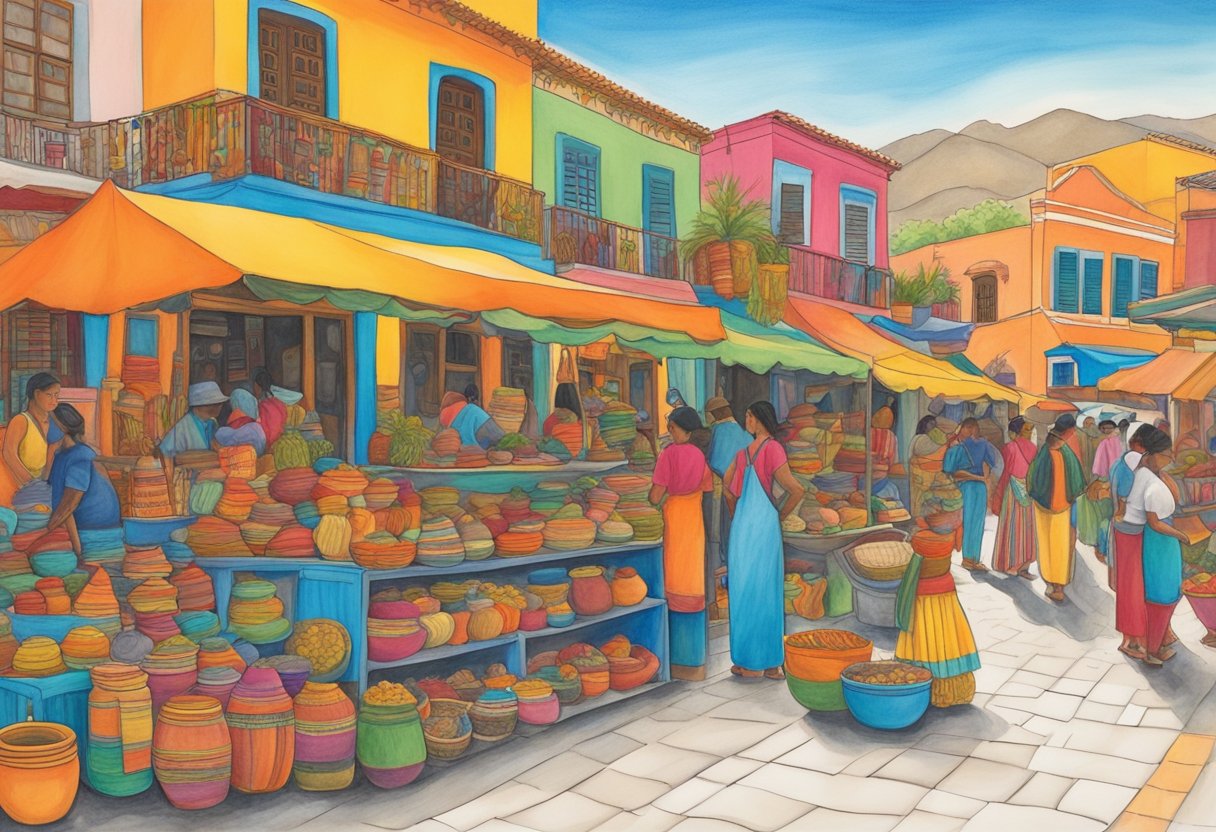 A vibrant market scene with colorful traditional Hispanic textiles, pottery, and musical instruments on display. Brightly painted buildings and lively street vendors add to the festive atmosphere
