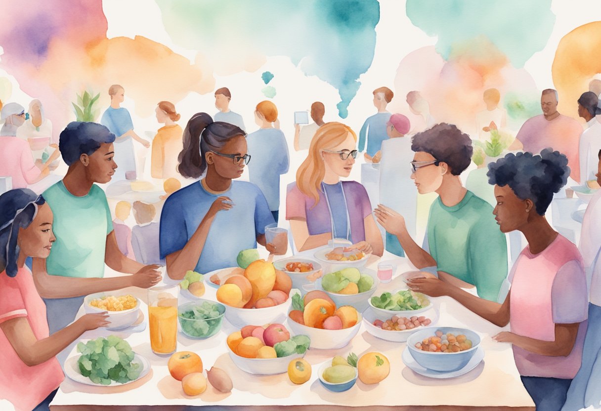 A diverse group of people discussing nutrition and AI, surrounded by ethical dilemma visuals and food-related technology