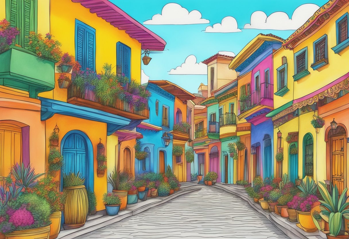 A colorful marketplace with vibrant buildings and traditional Hispanic decorations