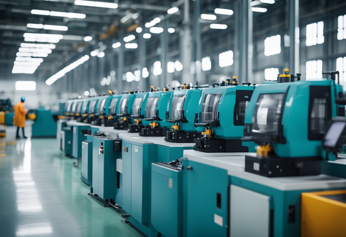 A row of industrial injection molding machines in a large manufacturing facility, with workers in protective gear overseeing the production process