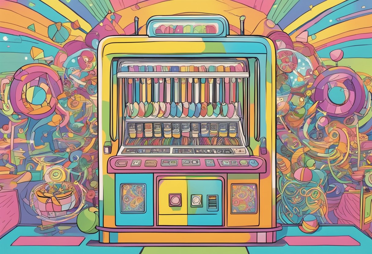 A colorful gacha machine surrounded by excited players, with bright lights and swirling patterns