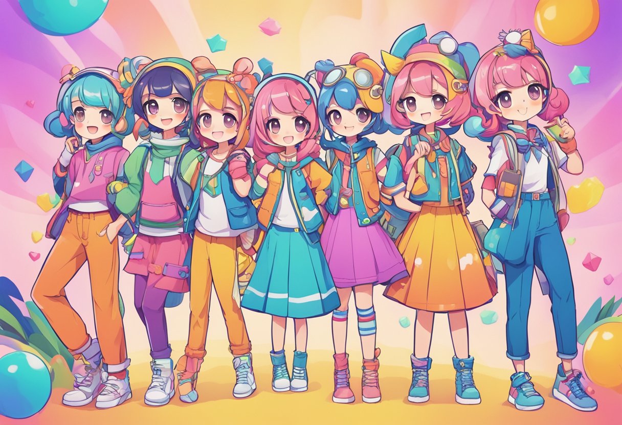 A group of colorful and whimsical Gacha characters standing in a circle, each displaying unique outfits and accessories, with vibrant backgrounds and playful expressions