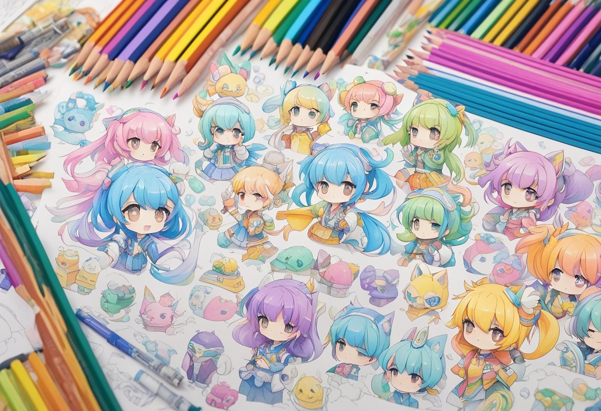 A colorful array of gacha bases, each with unique poses and expressions, surrounded by art supplies and reference materials