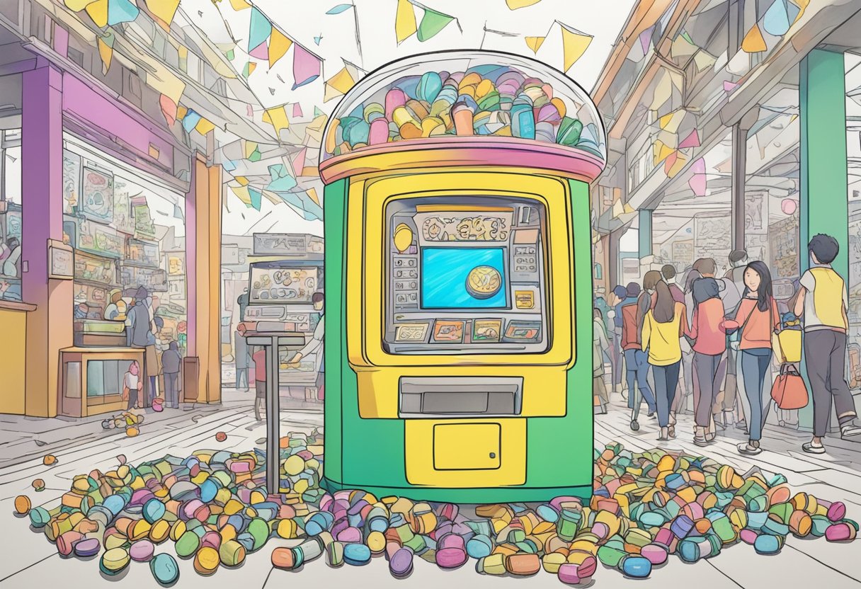 A colorful gacha machine surrounded by excited customers, with money and gacha capsules scattered on the ground