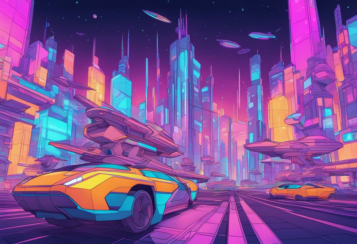 A futuristic gacha art base with vibrant colors and sleek, geometric shapes, set against a backdrop of a digital cityscape with neon lights and flying vehicles