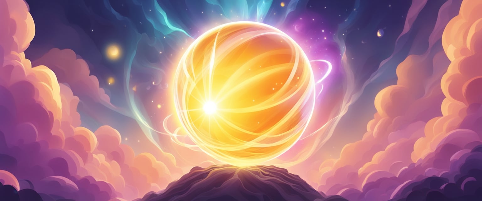 Bright light radiates from a glowing orb, surrounded by swirling energy. Objects and symbols representing abundance and positivity float towards it