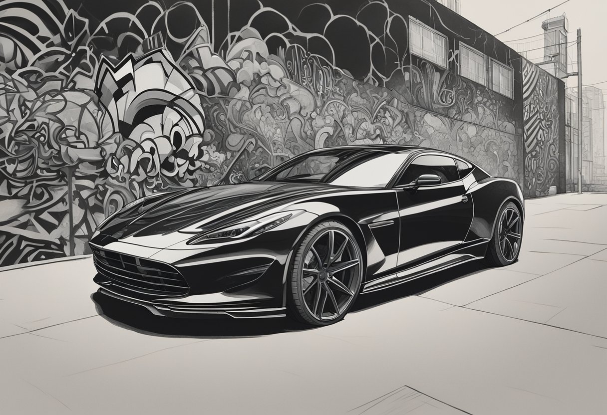 A sleek black sports car parked in front of a graffiti-covered wall, with a bold and edgy aesthetic