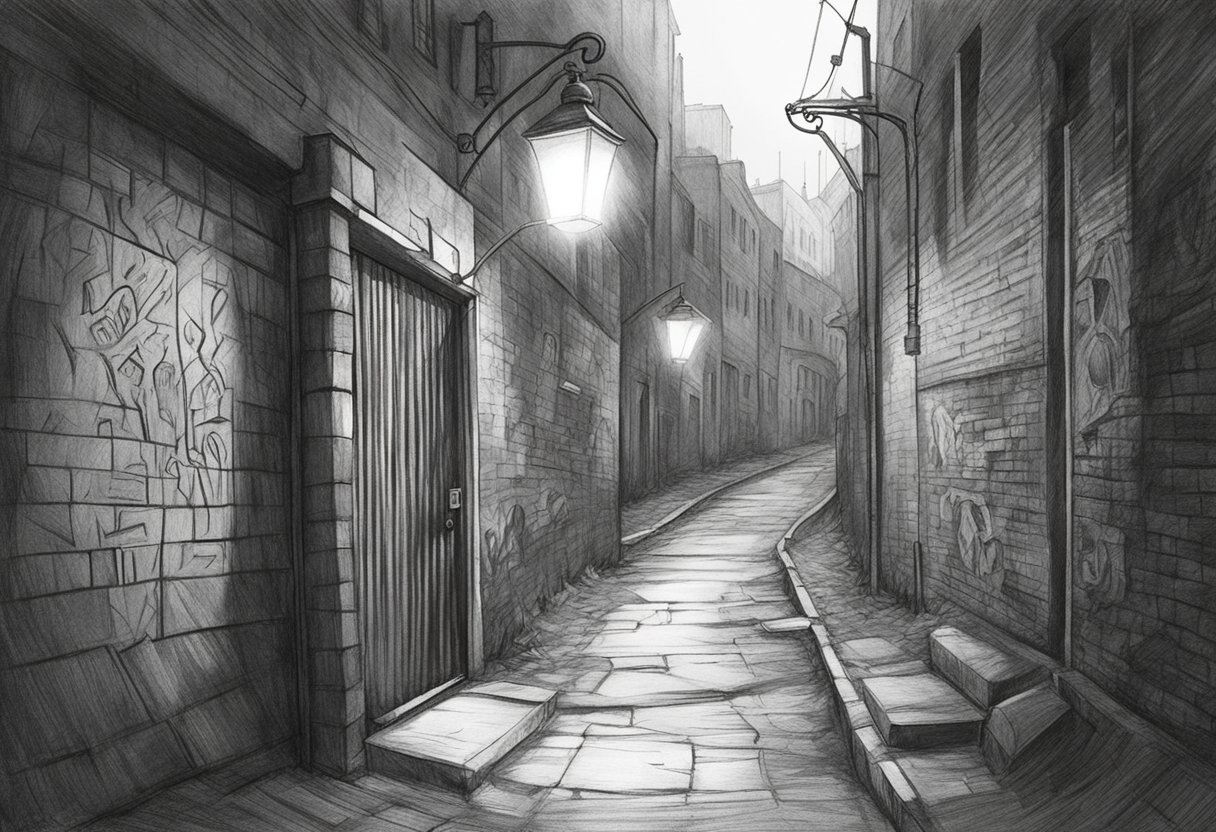 A dark alley with graffiti walls and a flickering streetlight. Trash litters the ground, and a mysterious figure lurks in the shadows