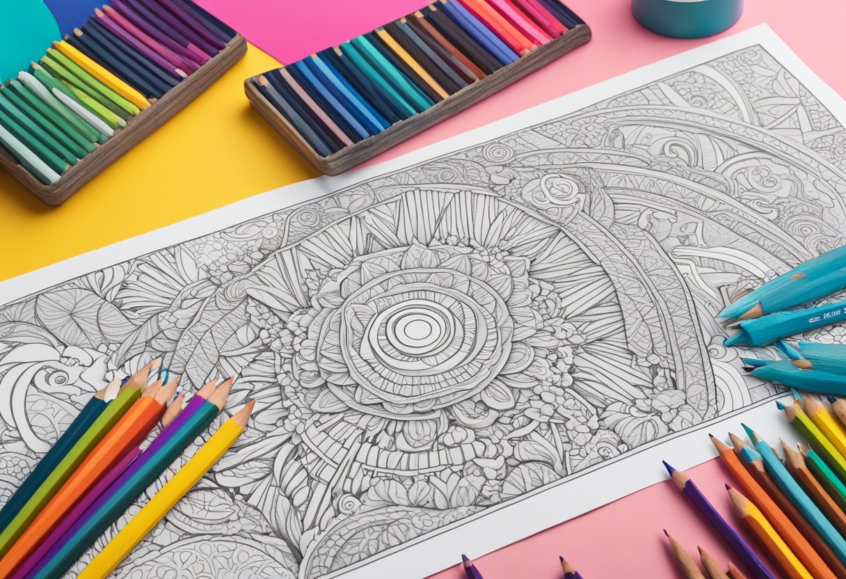 A stack of trendy baddie coloring pages displayed on a table with vibrant colors and bold designs, surrounded by art supplies and a sign promoting their sale