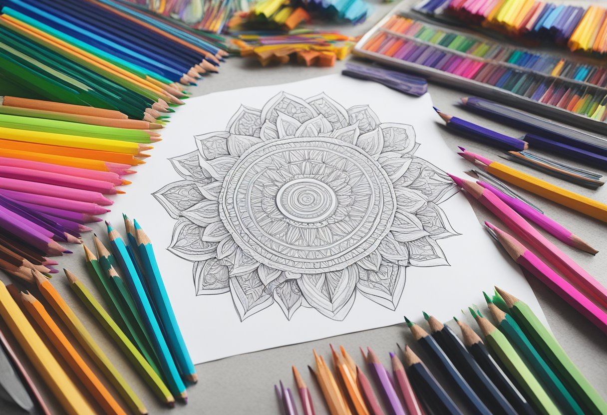 A colorful array of baddie coloring pages arranged on a table with art supplies scattered around