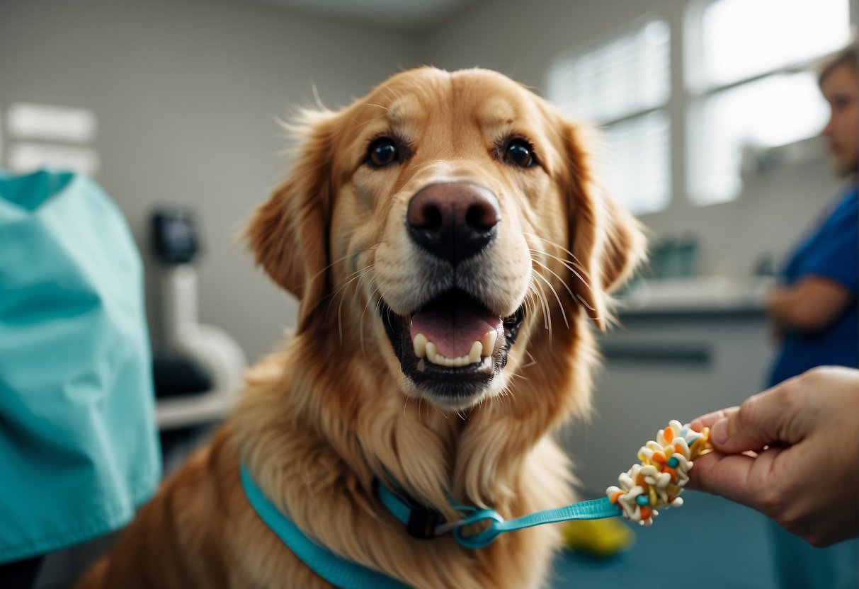 A Golden Retriever chewing on dental chew toys while getting regular dental check-ups