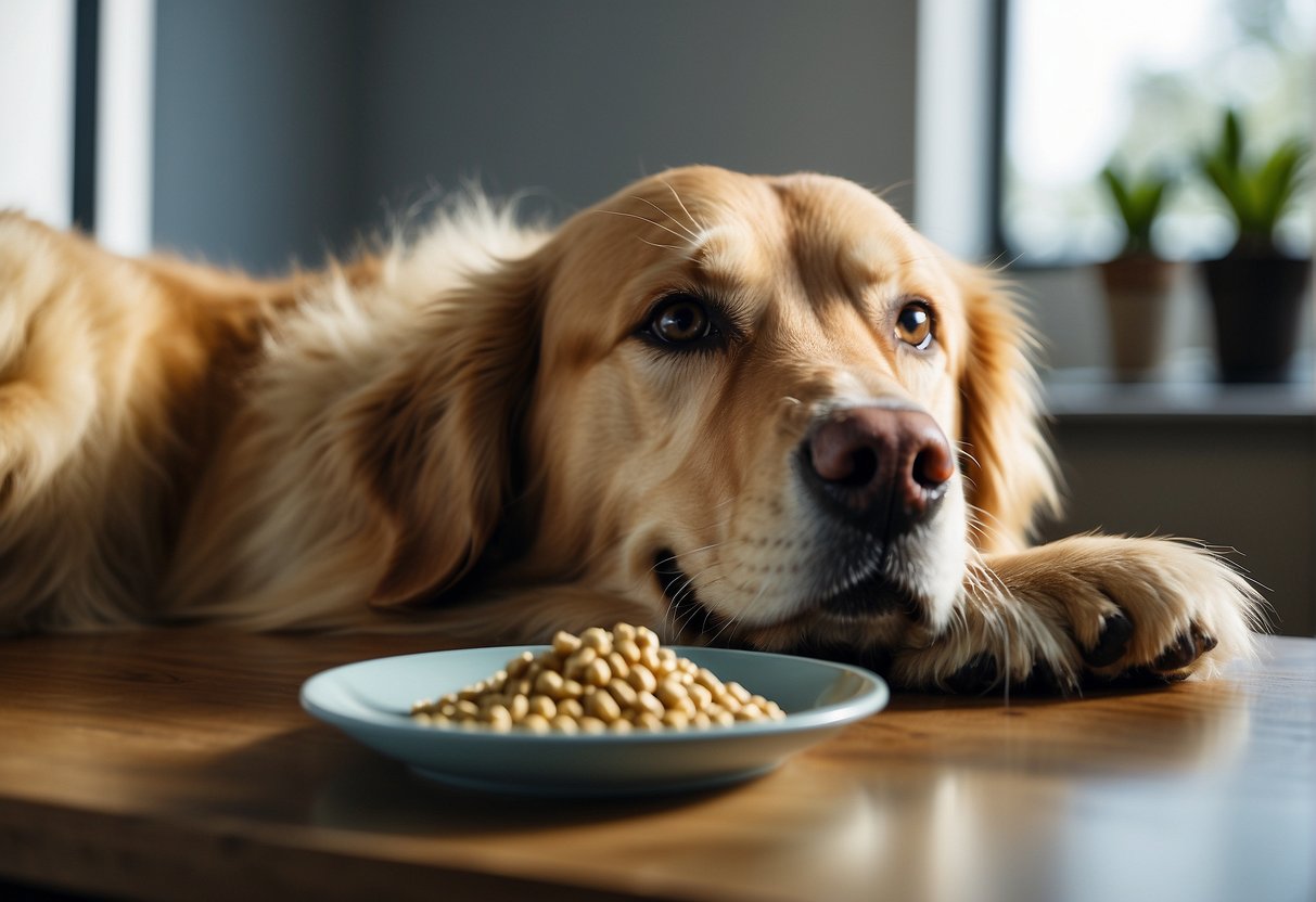 A Golden Retriever enjoying a balanced diet of kibble and dental chews, while a water bowl and toothbrush sit nearby