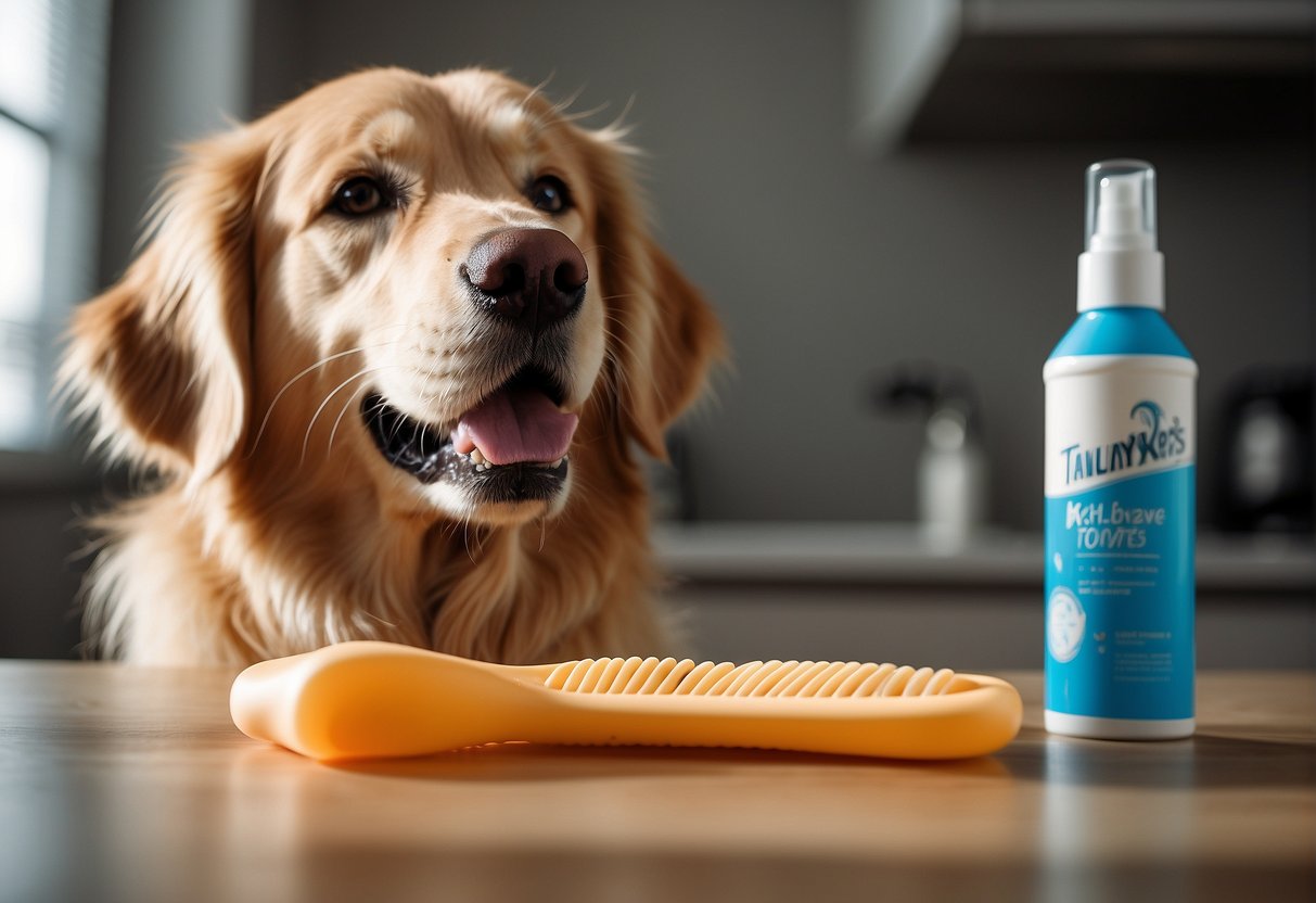 A Golden Retriever chewing on a dental chew toy, while a bowl of fresh water sits nearby. A toothbrush and toothpaste are also visible on the counter