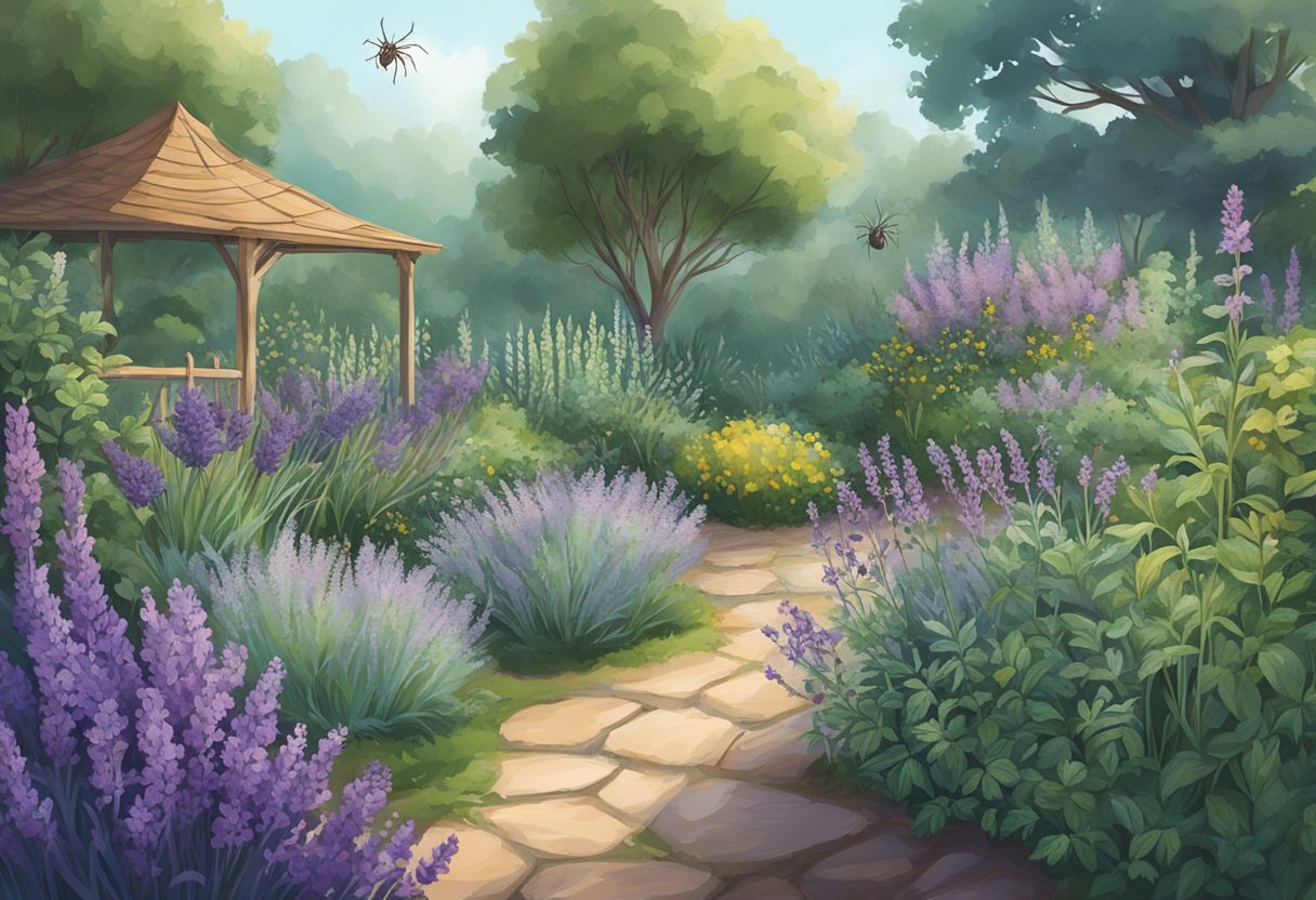 A garden filled with fragrant herbs like lavender, mint, and rosemary, with spiders avoiding the area