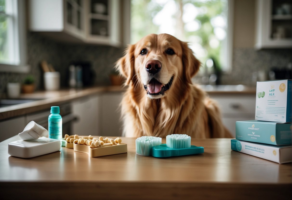 A Golden Retriever sits in front of a dental care kit, with toothbrush, toothpaste, and dental chews. A veterinarian's pamphlet on preventing dental diseases lies nearby