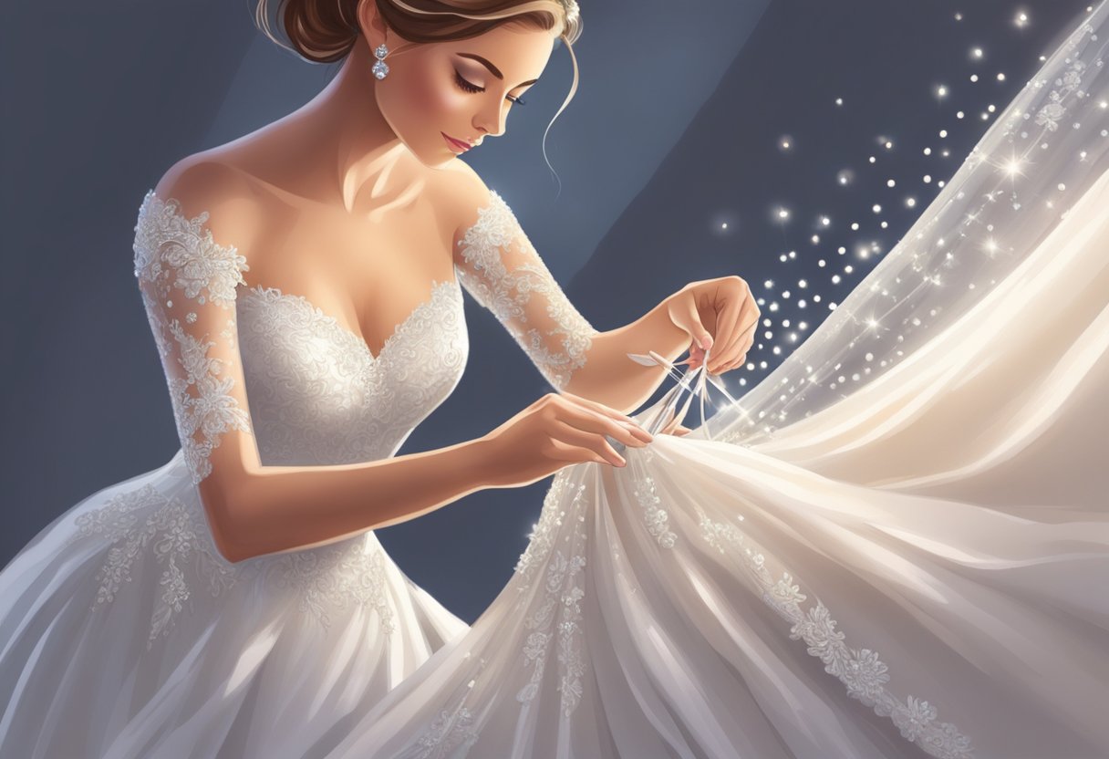 A wedding dressmaker carefully pins lace onto a flowing white gown, surrounded by spools of delicate fabric and sparkling beads