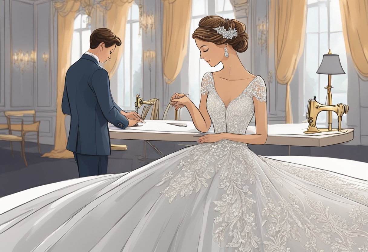 A wedding dressmaker carefully measures and cuts fabric, sewing delicate lace and intricate beading onto a flowing gown. Tables are covered in swatches of fabric and sketches of elegant designs