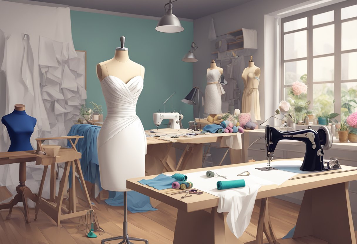 A cluttered studio with fabric rolls, sewing machines, and dress forms. A bridal gown in progress on a mannequin. Pins, scissors, and measuring tape scattered on the work table
