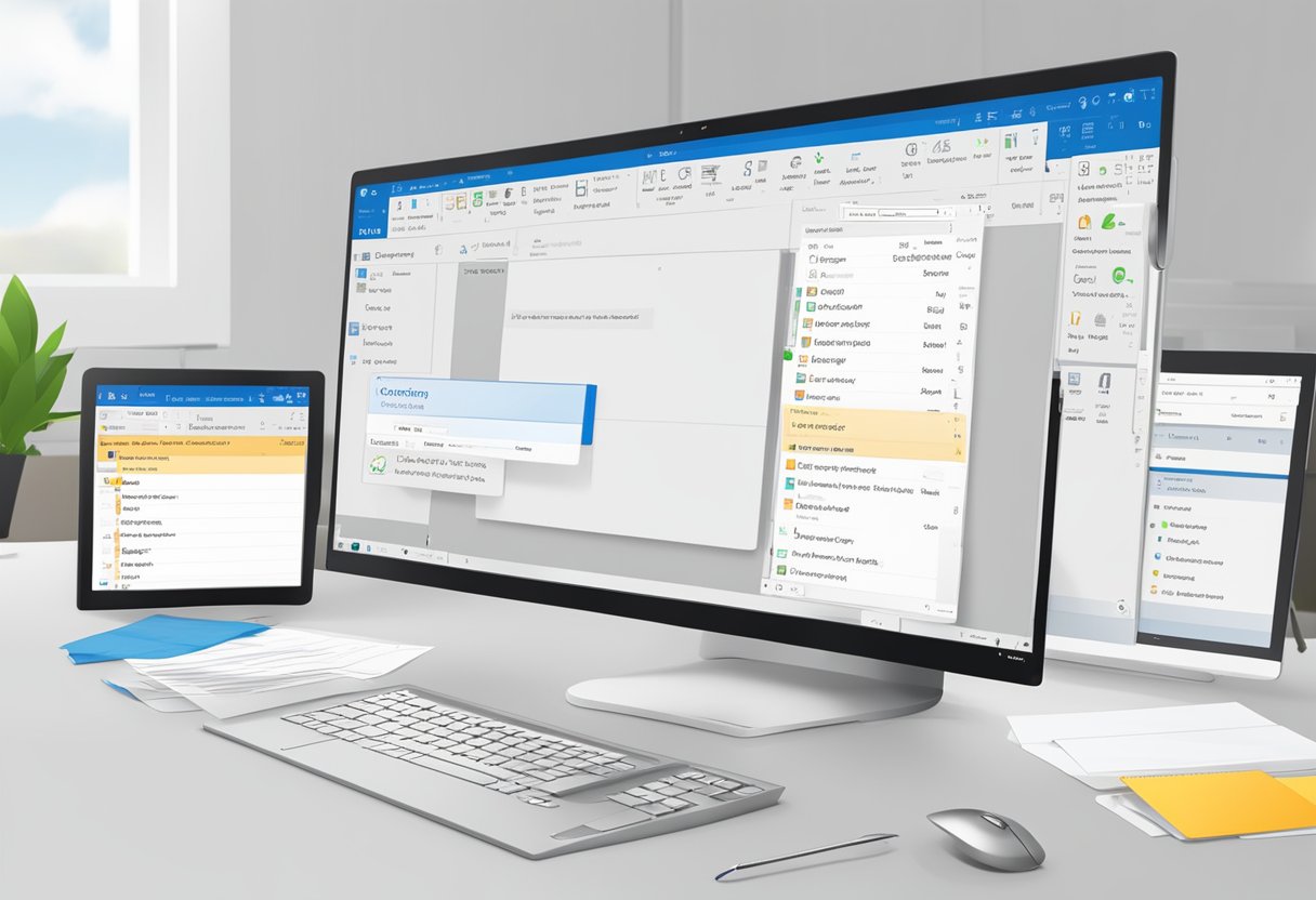A computer screen with Outlook open, showing the "Create Rule" button and "Sweep" option highlighted in the email management interface