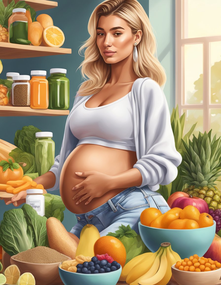 A glowing Hailey Bieber, pregnant, surrounded by healthy foods and supplements, radiates health and vitality