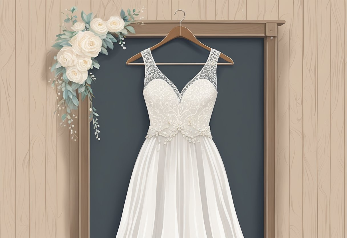 A white wedding dress hangs from a vintage wooden hanger, adorned with delicate lace and intricate beading, set against a soft, dreamy backdrop