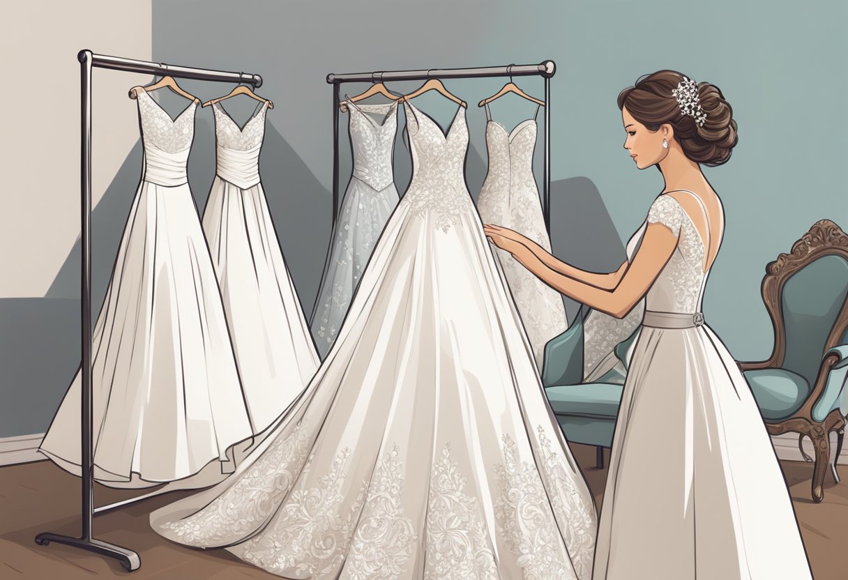 A bride carefully selects a wedding dress from a rack of various styles and designs