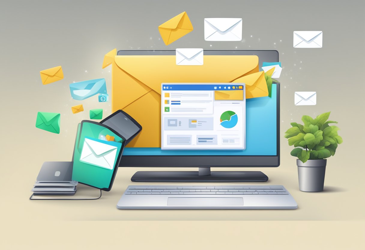 A computer screen with an open Outlook mailbox, a cursor clicking on the "refresh" button, and new emails appearing in the inbox