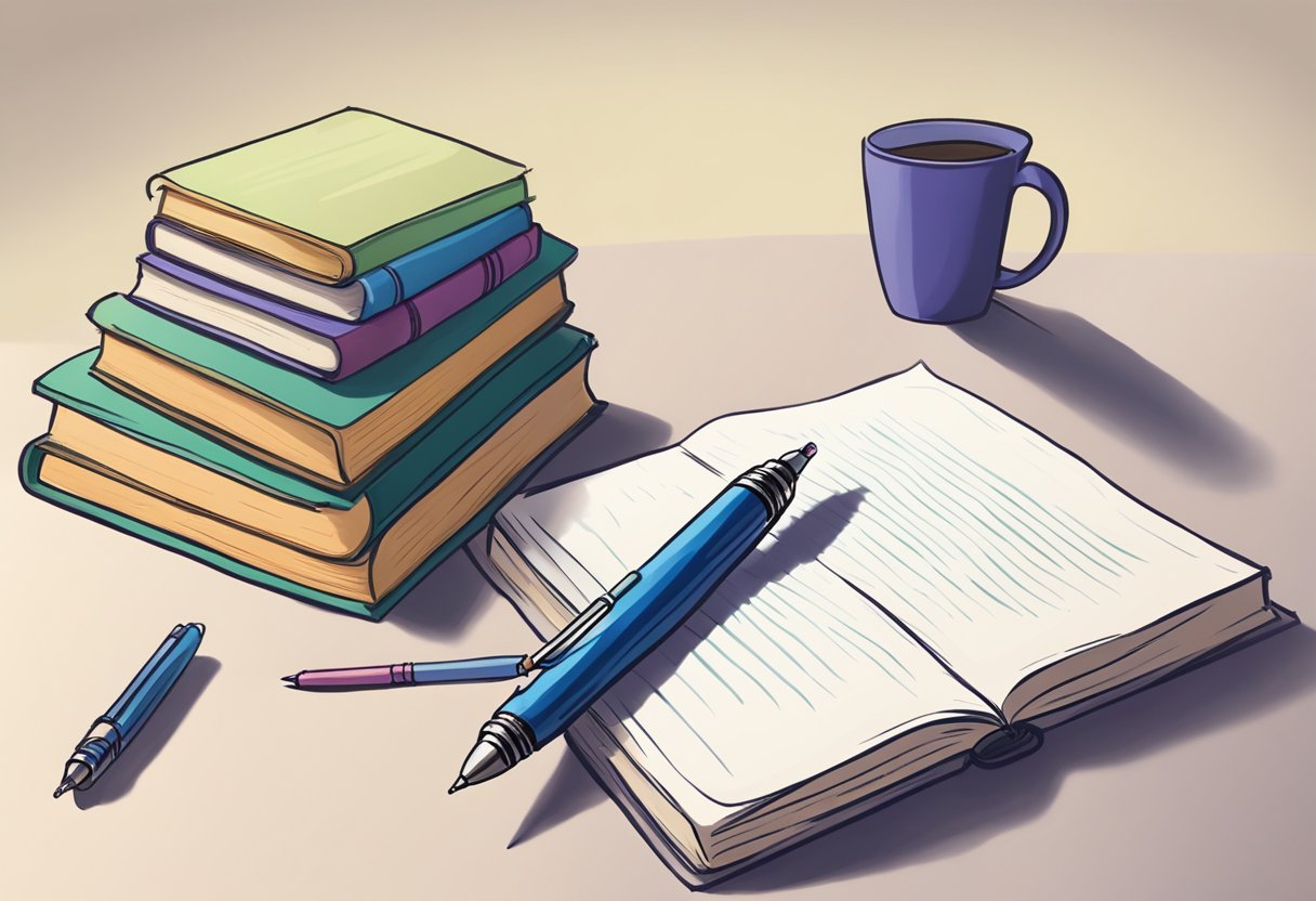 A Pen Hovers Over A Blank Page, Poised To Capture The Essence Of The Author's Experiences. A Stack Of Books In The Background Represents The Body Of Work That Has Shaped Their Writing Journey