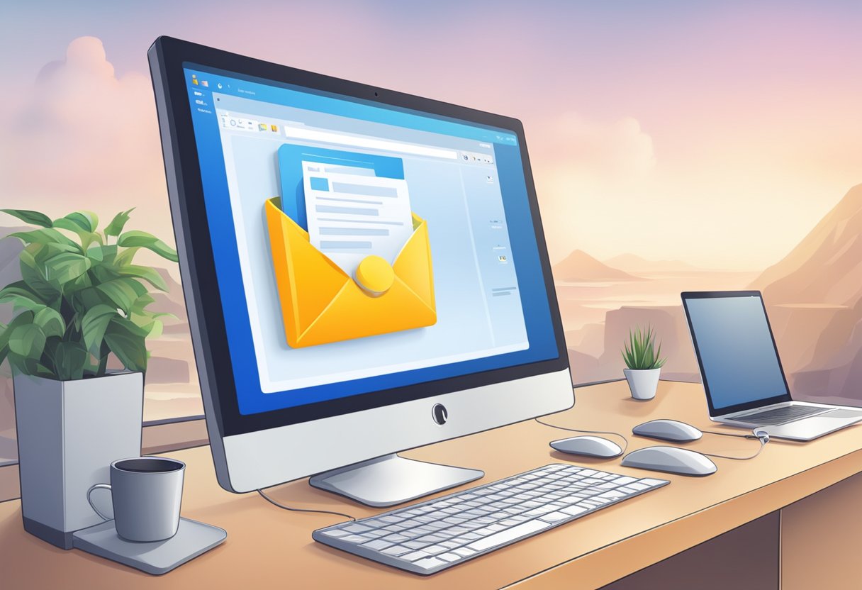 A computer screen displays the Outlook email interface. A cursor clicks on the refresh button, updating the mailbox
