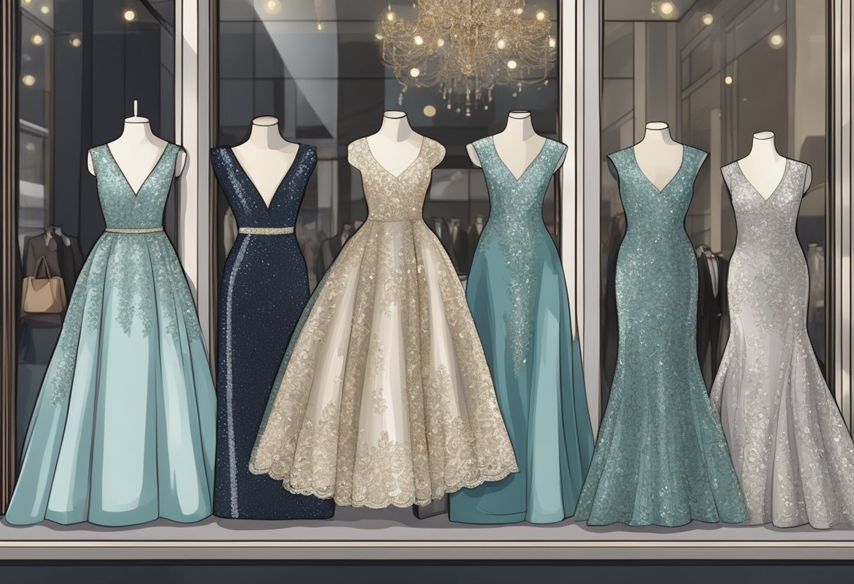 A rack of elegant dresses and tuxedos, adorned with sequins and lace, displayed in a boutique window