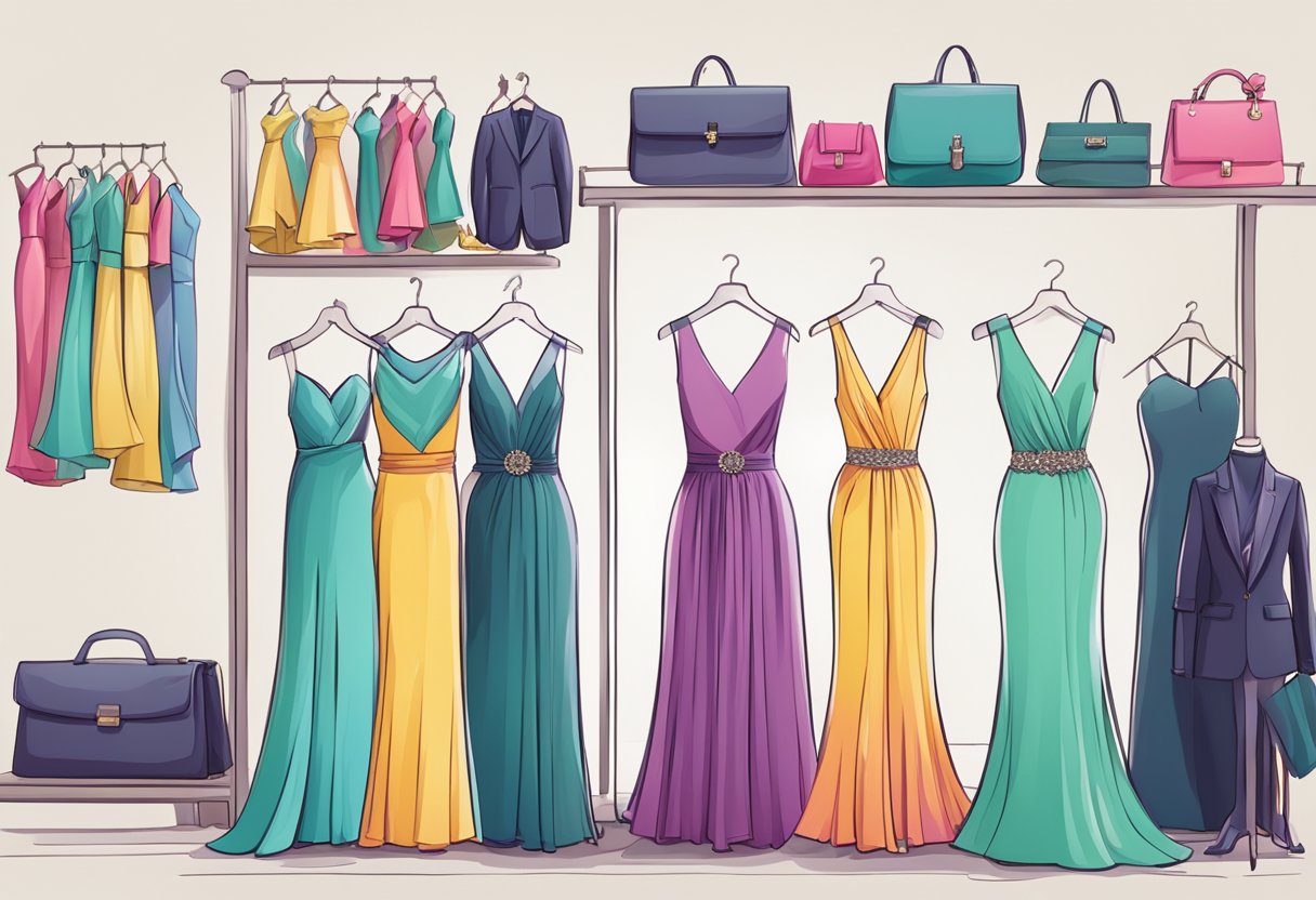 A colorful array of elegant dresses and sharp suits displayed on racks, with sparkling accessories and stylish shoes nearby
