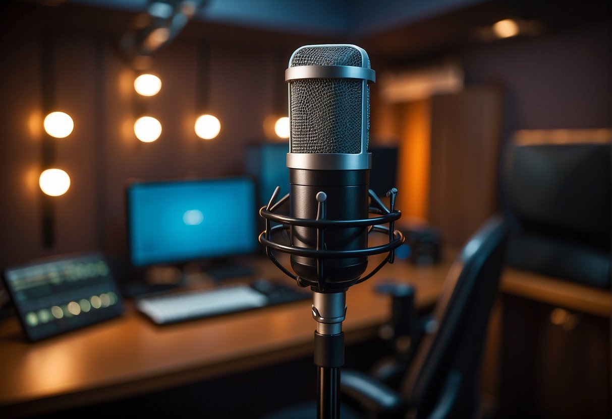 A microphone stand holds a high-quality microphone with a pop filter and shock mount. A soundproof booth surrounds the setup, with cables neatly organized