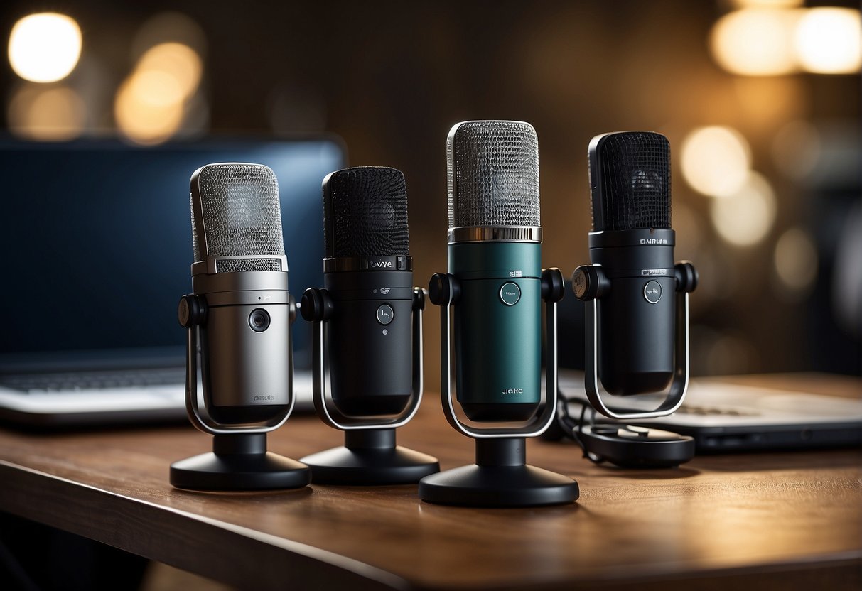 A variety of microphones arranged on a table, each with different specs and types. A laptop and notebook sit nearby, ready for research and comparison