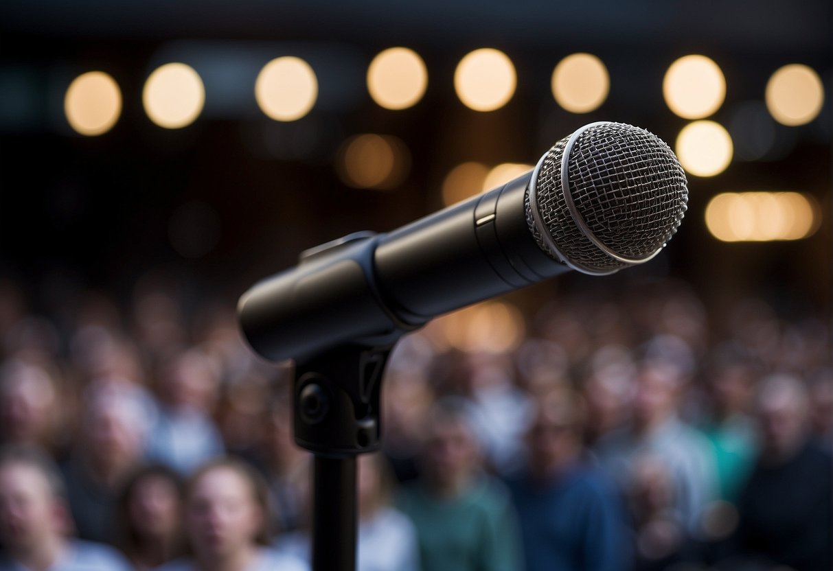 A wireless microphone seamlessly connects to a performer, allowing freedom of movement on stage. However, potential interference and battery limitations present challenges