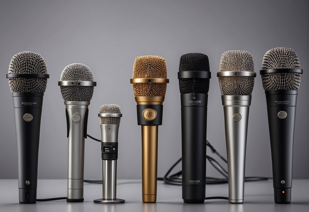 A variety of microphones sit on a table, including condenser, dynamic, and ribbon types. Each microphone is labeled with its specs and types for beginners to learn from